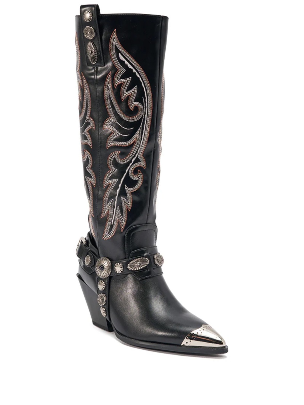 Black Embellished Western Knee-High Boot with Silver Toe
